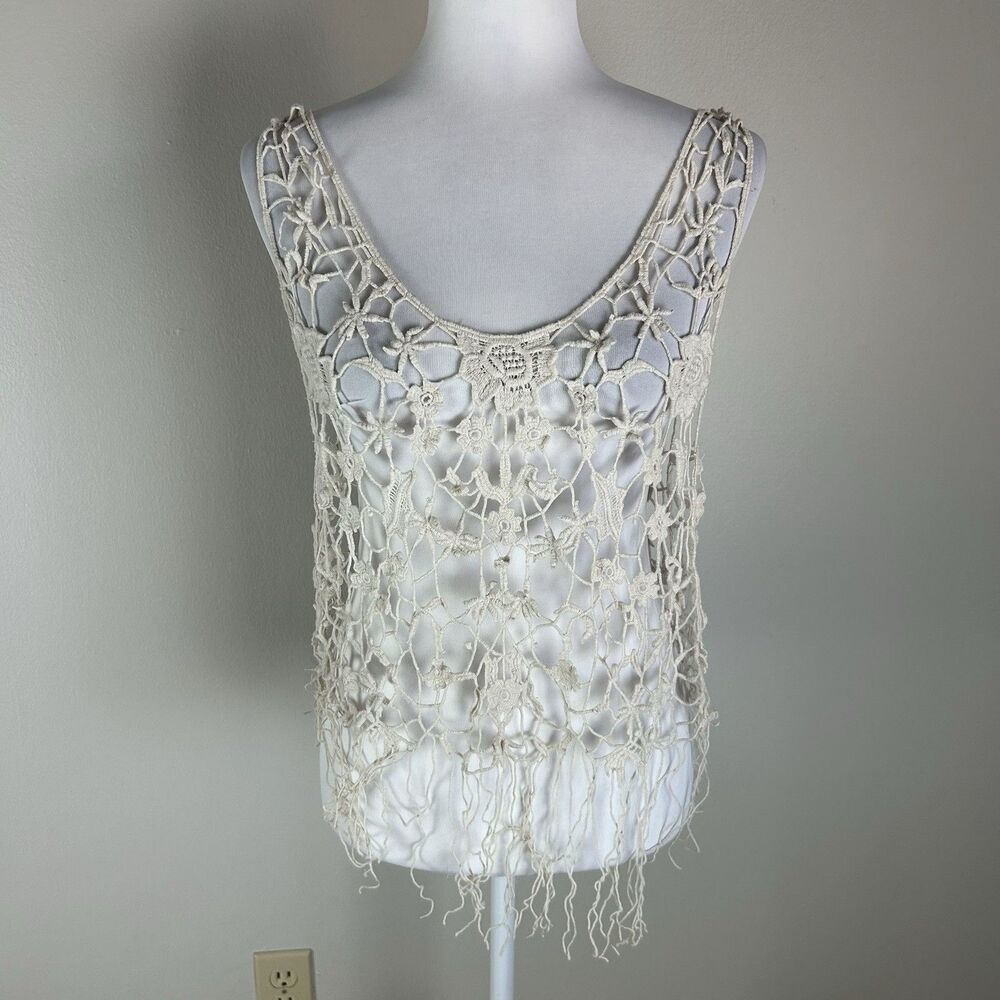Room Mates Crochet Lace Vest Fringe S/M Tan Boho Festival Layering Tank Ivory
